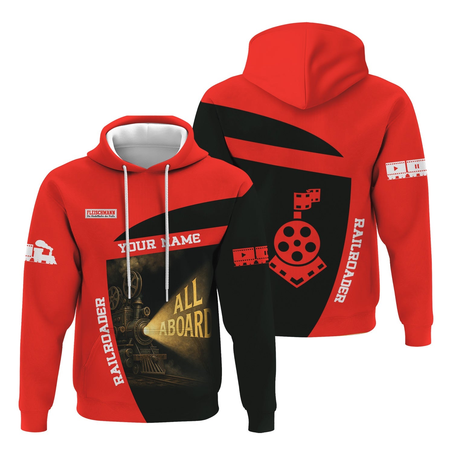 Railspirit Personalized Fleischmann And Western Railroad Hoodie All Aboard Steam Train Movie Projector Style Zip Up Hoodie