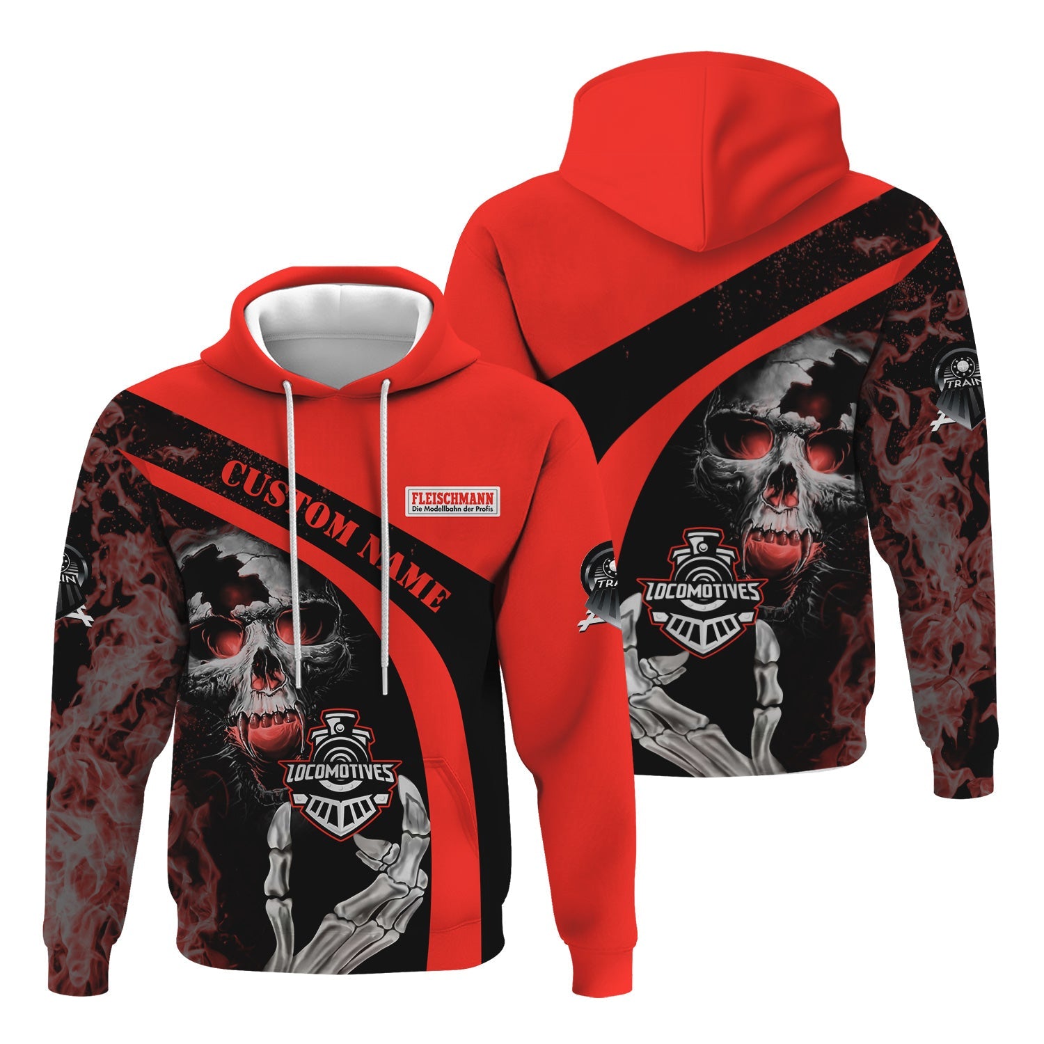 Railspirit Personalized Fleischmann And Western Railroad Hoodie Flame Skull Design Train Zip Up Hoodie for Locomotive Fans