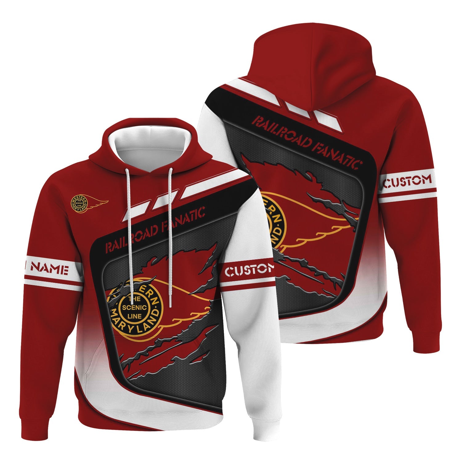 Railspirit Personalized Western Maryland Railway Hoodie Ripped Texture Style Train Zip Up Hoodie For Railroad Fanatic