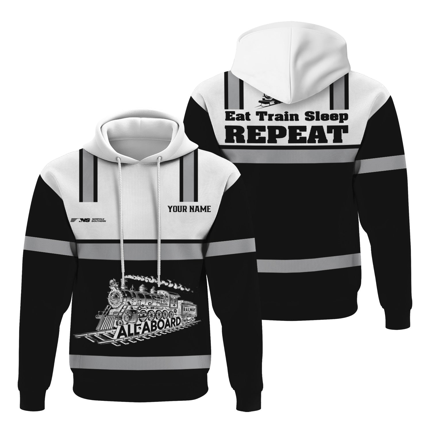 Railspirit Custom Name Norfolk Southern Railway Hoodie Eat Train Sleep Repeat Printed Train Zip Hoodie