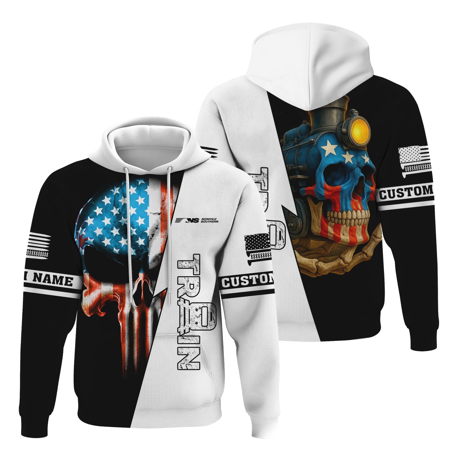 Railspirit Personalized Norfolk Southern Railway Hoodie Train Skull American Flag Zip Up Hoodie All Over Print