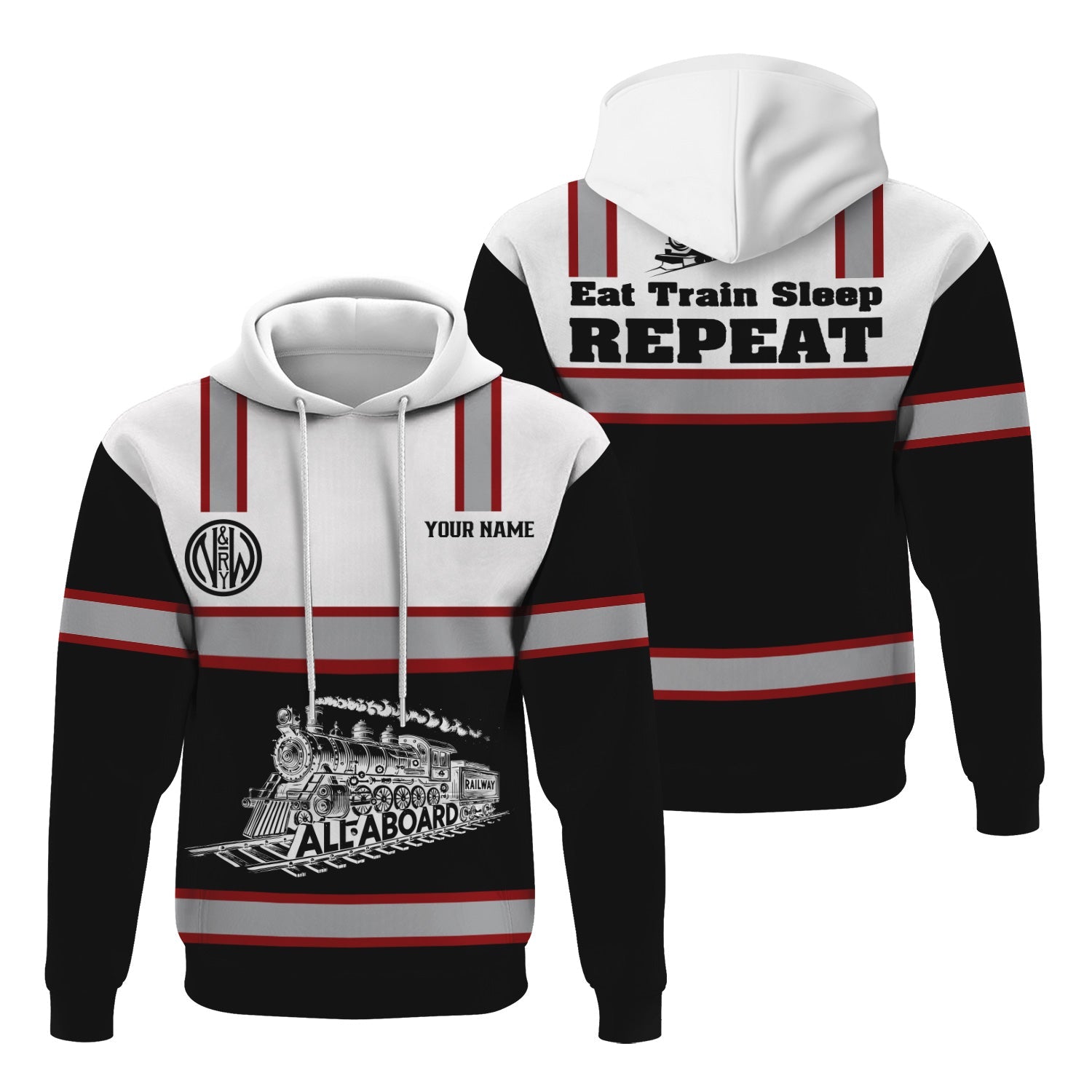 Railspirit Custom Name Norfolk and Western Railway Hoodie Eat Train Sleep Repeat N&W Printed Train Zip Hoodie
