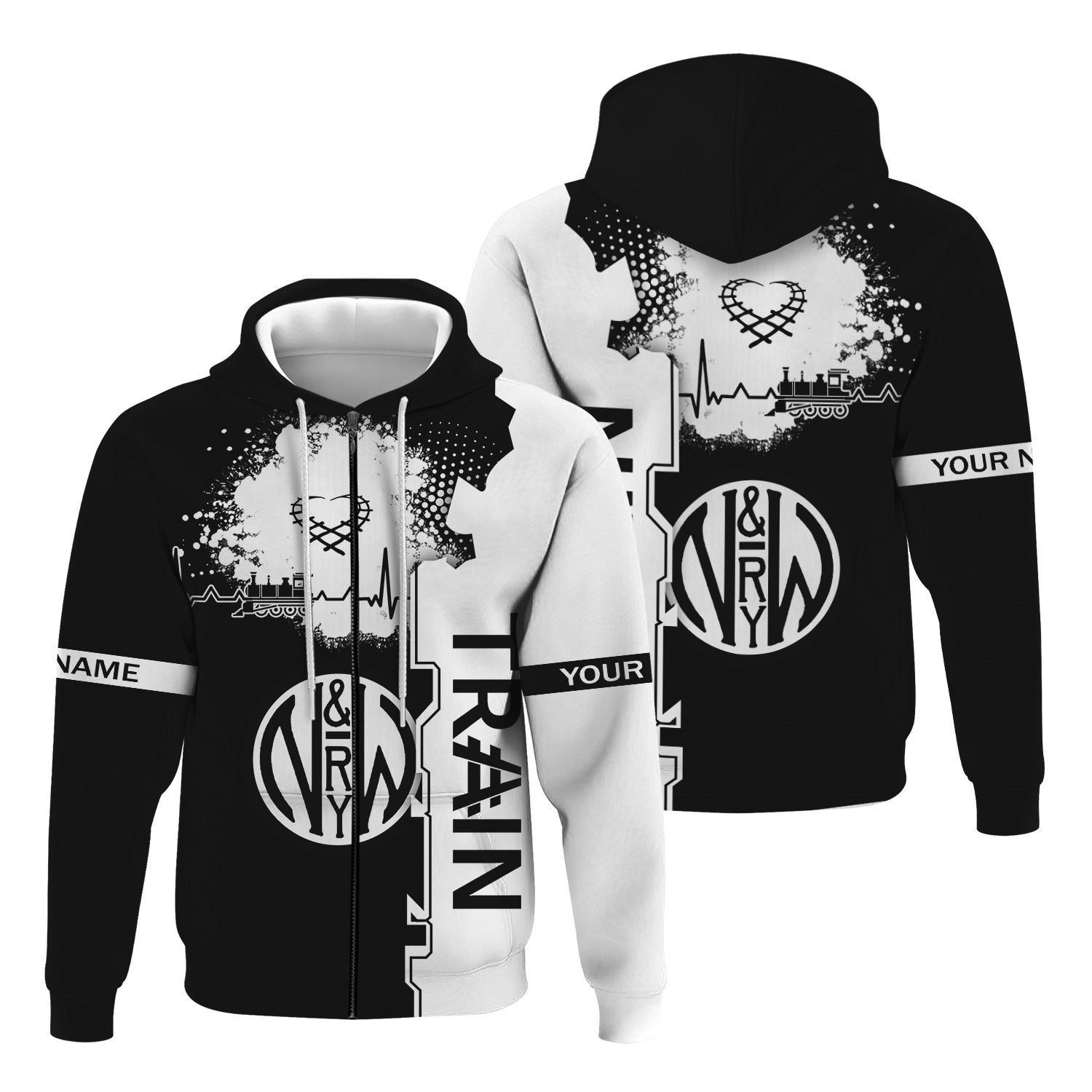 Railspirit Personalized Norfolk and Western Railway Hoodie Engine Heartbeat and Track Love Style N&W Zip Up Hoodie Gift Idea For Train Lovers