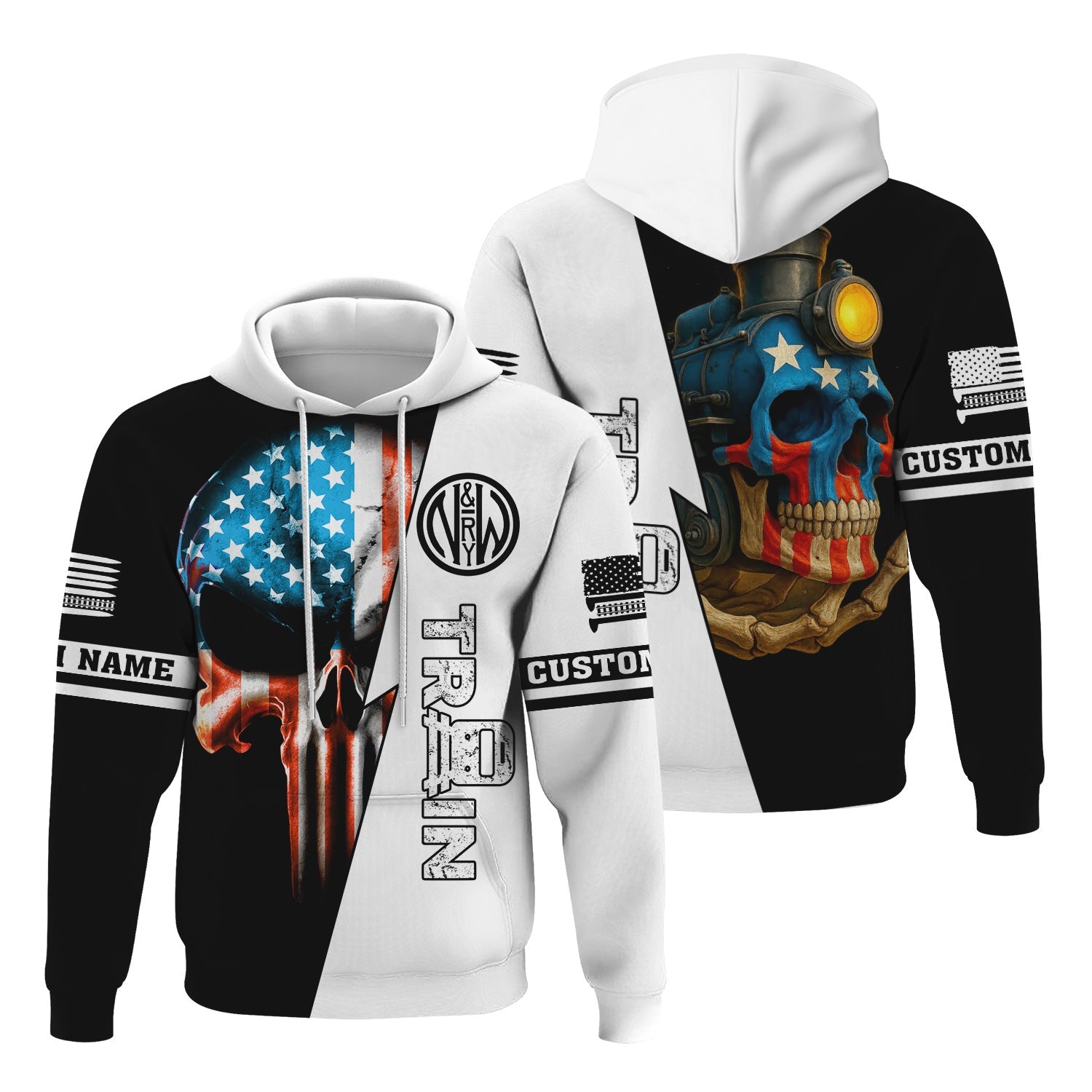Railspirit Personalized Norfolk and Western Railway Hoodie Train Skull American Flag N&W Zip Up Hoodie All Over Print