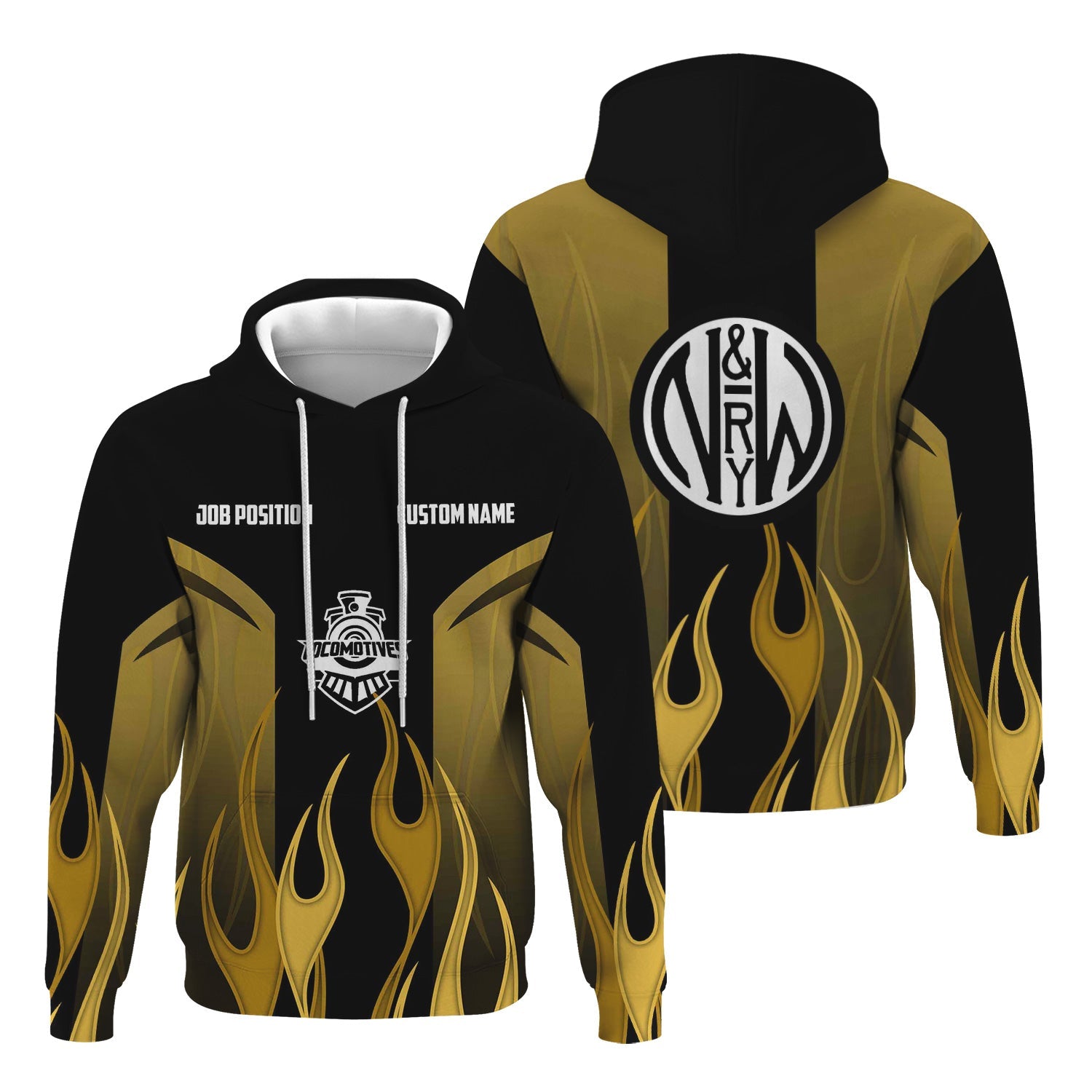 Railspirit Custom Name and Job Title Norfolk and Western Railway Hoodie Flame Graphic N&W Train Zip Up Hoodie 