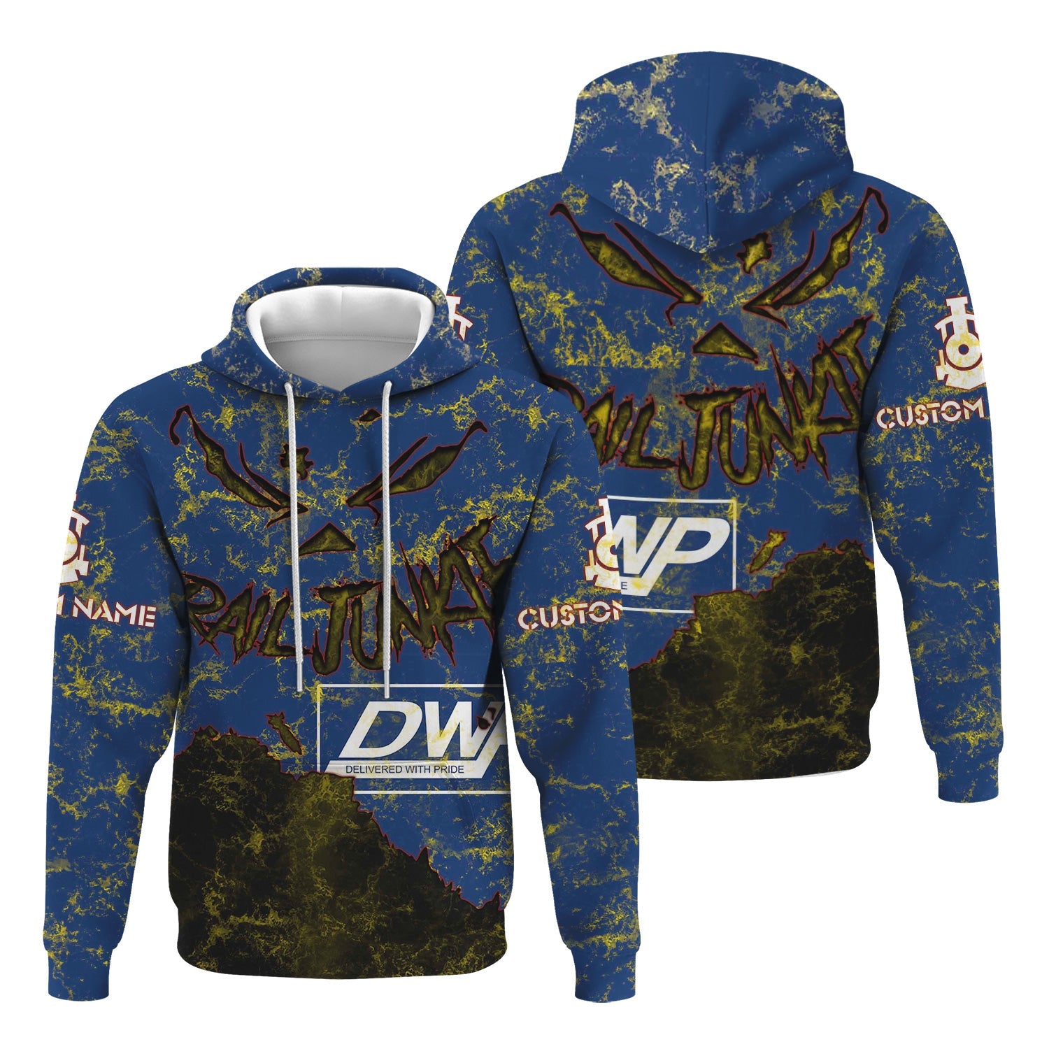 Railspirit Personalized Duluth, Winnipeg and Pacific Railway Hoodie Torn Graphic Style Train Zip Up Hoodie For Rail Junkie