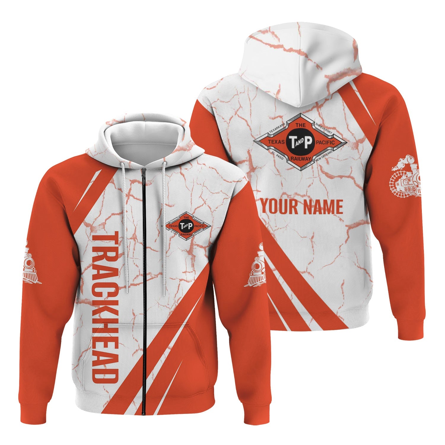 Railspirit Personalized Texas and Pacific Railway Hoodie Crackle Texture Style Train Zip Up Hoodie For Trackhead