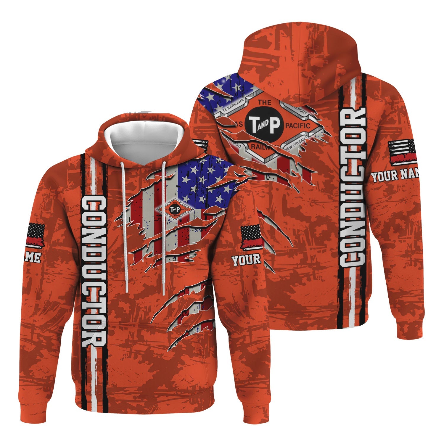 Railspirit Personalized Texas and Pacific Railway Hoodie USA Flag Claw Art with Custom Job Train Zip Up Hoodie