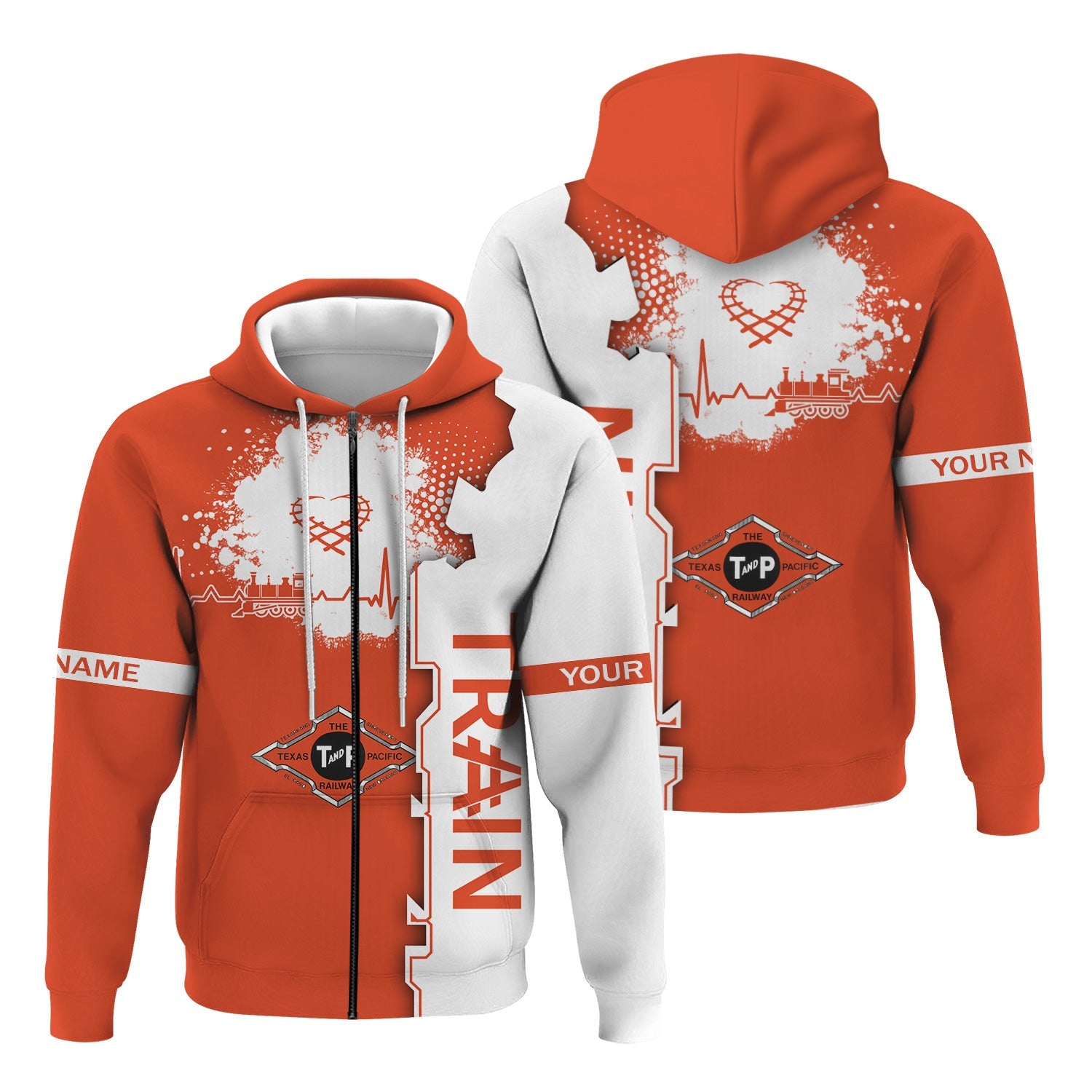 Railspirit Personalized Texas and Pacific Railway Hoodie Engine Heartbeat and Track Love Style Zip Up Hoodie Gift Idea For Train Lovers