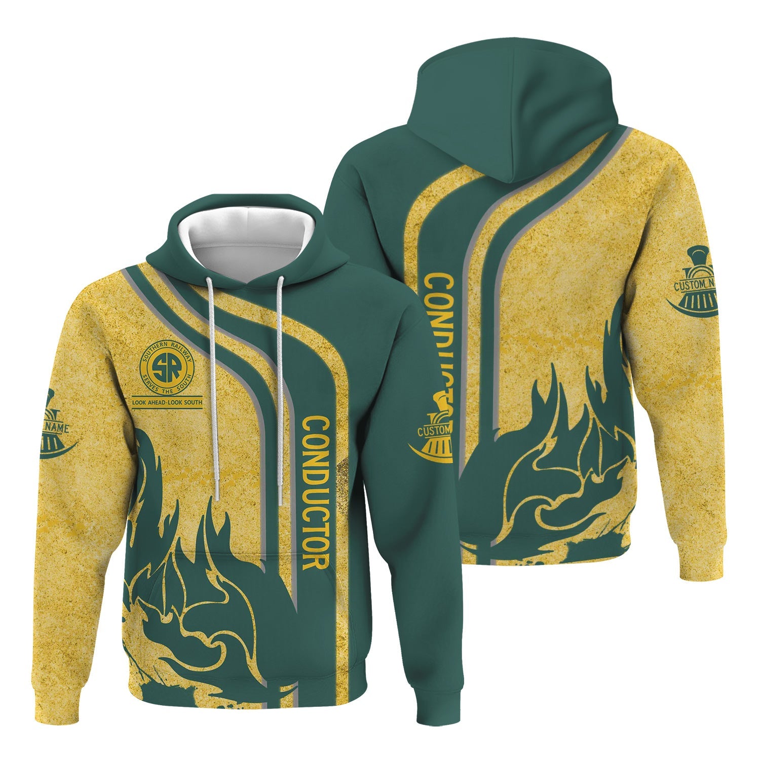 Railspirit Personalized Southern Railway U.S Hoodie Flame Design with Custom Job Position SOU Train Zip Up Hoodie