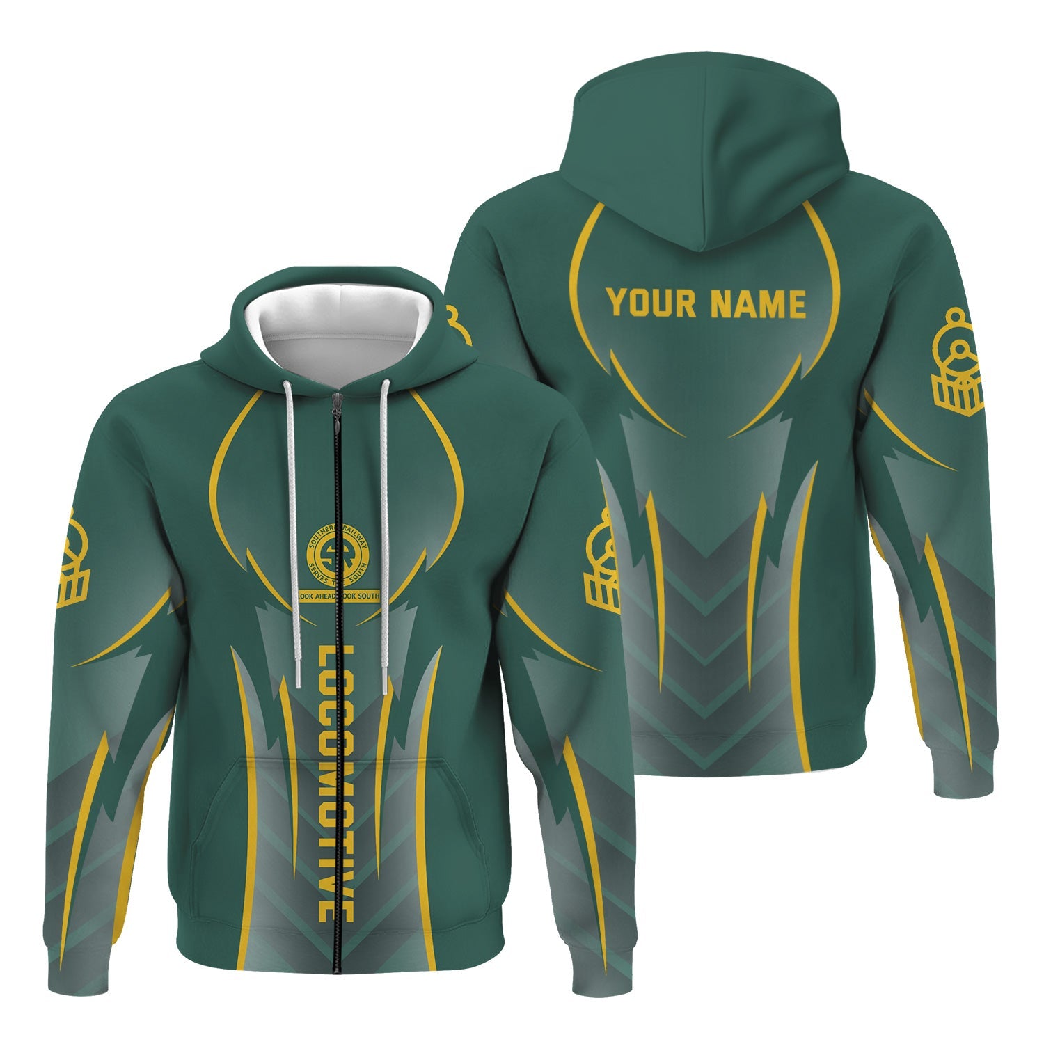 Railspirit Personalized Southern Railway U.S Hoodie Striking Line Style SOU Train Zip Up Hoodie For Locomotive Lovers