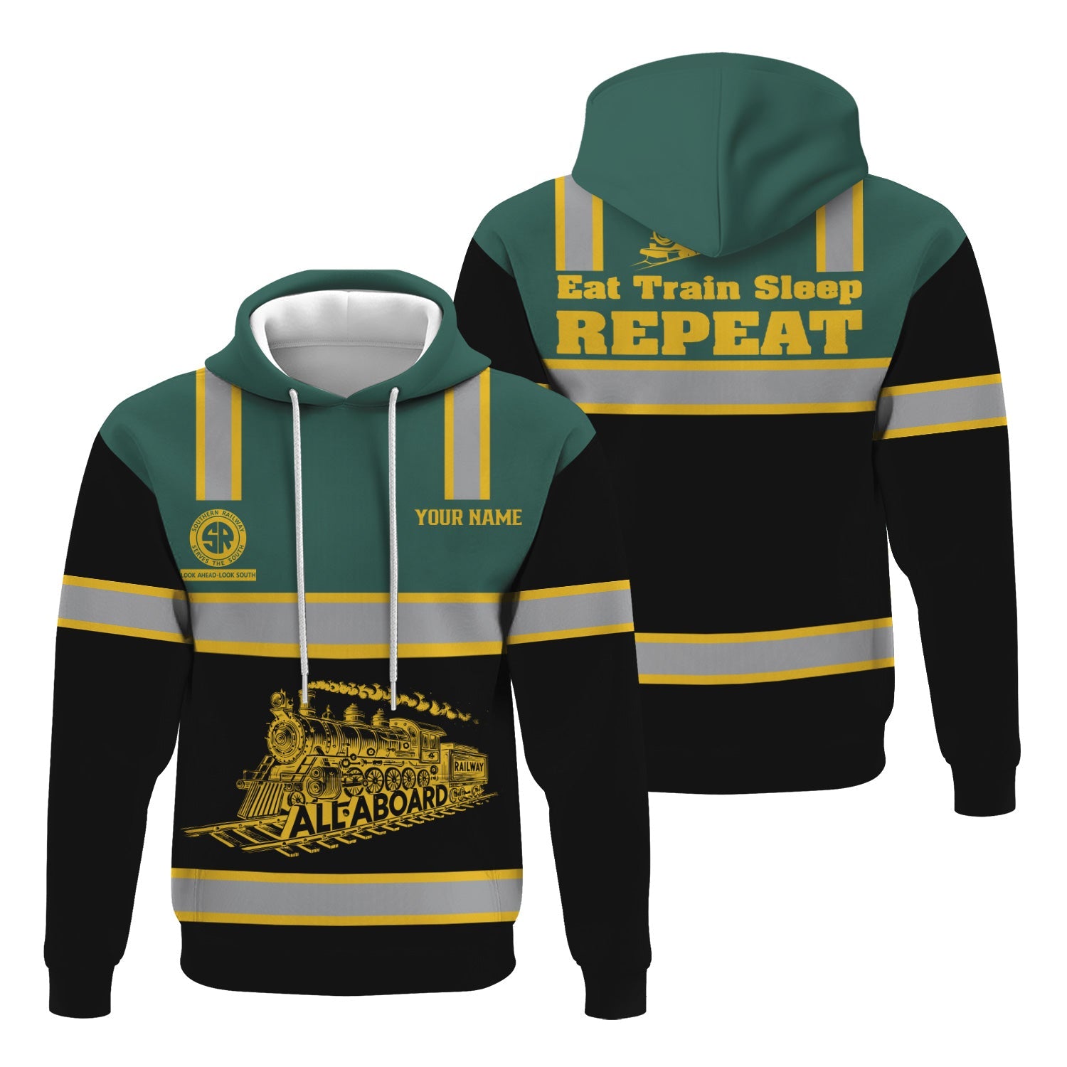 Railspirit Custom Name Southern Railway U.S Hoodie Eat Train Sleep Repeat SOU Printed Train Zip Hoodie