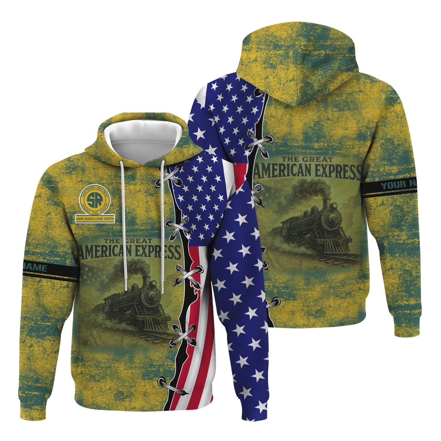 Railspirit Personalized Southern Railway U.S Hoodie Retro American Express Train With USA Flag SOU Zip Up Hoodie
