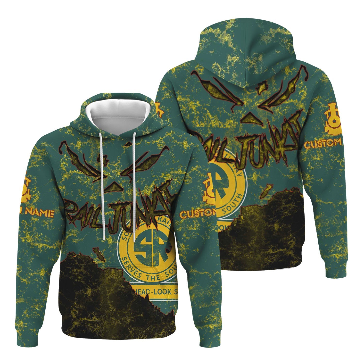 Railspirit Personalized Southern Railway U.S Hoodie Torn Graphic Style SOU Train Zip Up Hoodie For Rail Junkie