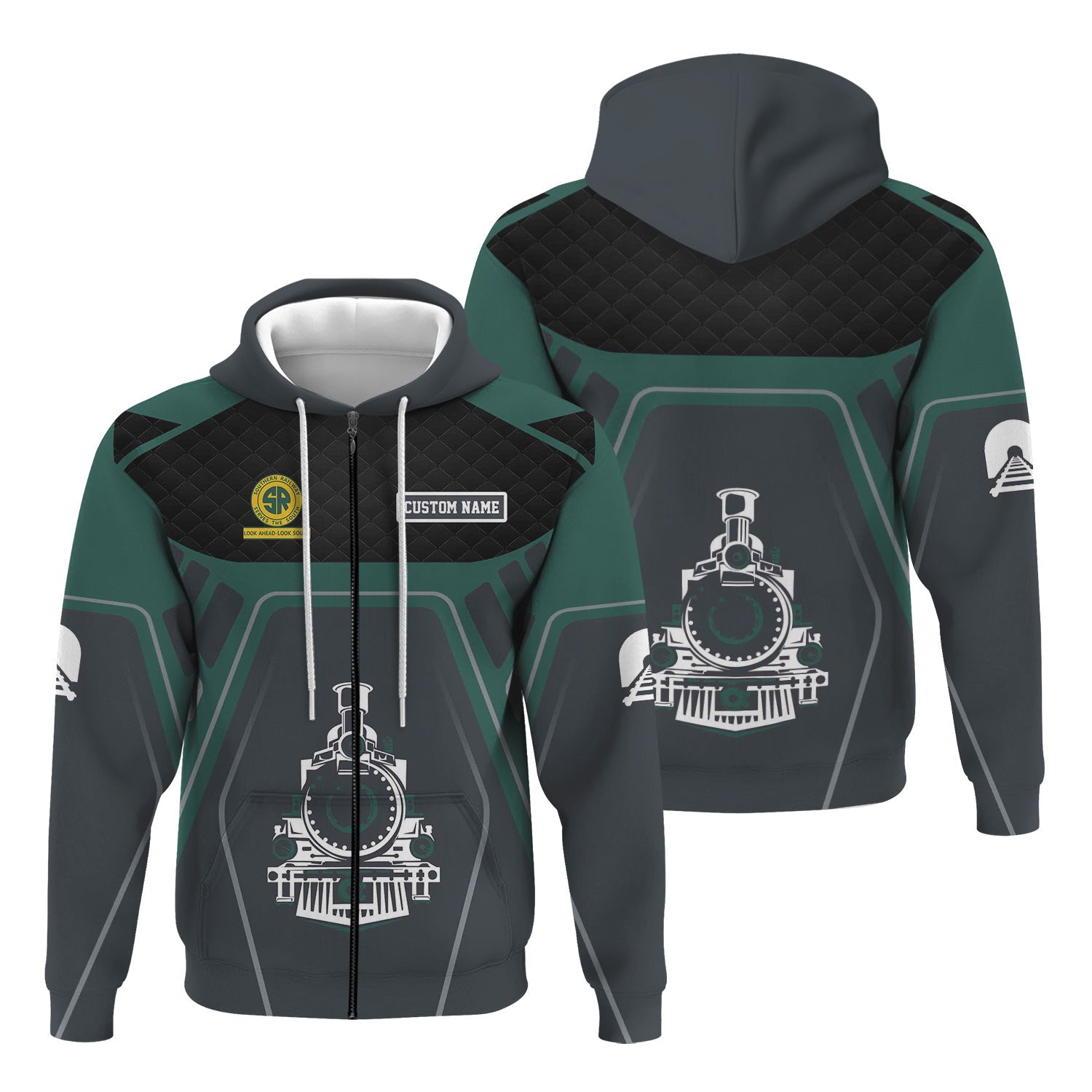 Railspirit Personalized Southern Railway U.S Hoodie Steam Locomotive Engine Graphic SOU Train Zip Up Hoodie All Over Print