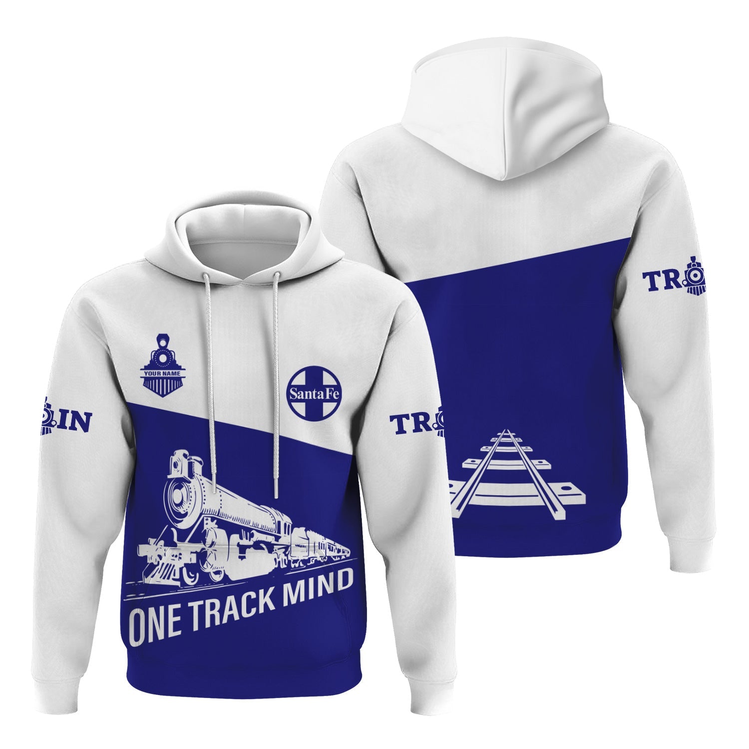Railspirit Custom Name Santa Fe Railway Hoodie One Track Mind Atchison, Topeka and Santa Fe Railway Printed Zip Hoodie