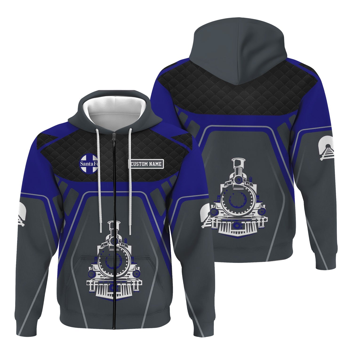 Railspirit Personalized Santa Fe ATSF Railway Hoodie Steam Locomotive Engine Graphic Atchison, Topeka and Santa Fe Train Zip Up Hoodie All Over Print