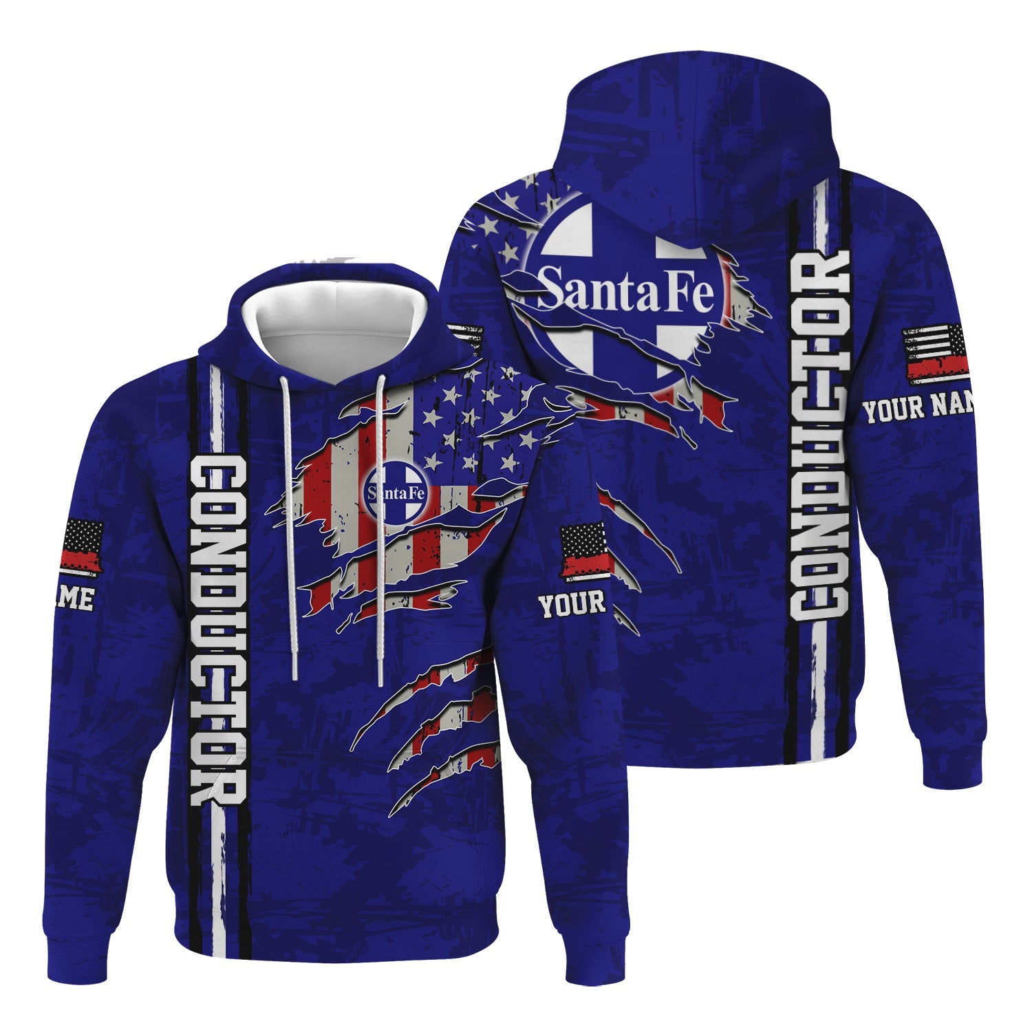 Railspirit Personalized Santa Fe ATSF Railway Hoodie USA Flag Claw Art with Custom Job Atchison, Topeka and Santa Fe Train Zip Up Hoodie