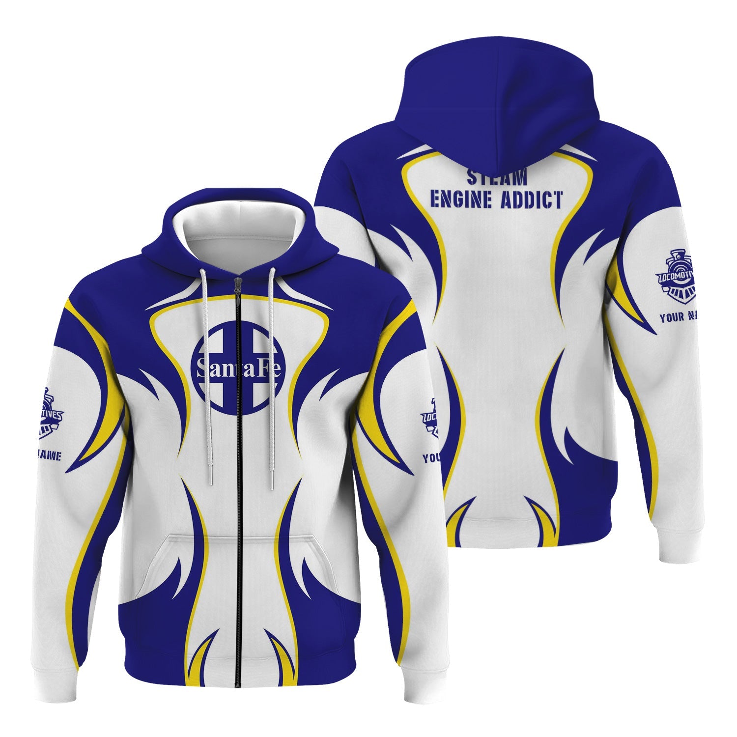 Railspirit Personalized Santa Fe Railway Hoodie Distinctive Flame Style Atchison, Topeka and Santa Fe Railway Zip Up Hoodie For Steam Engine Addict