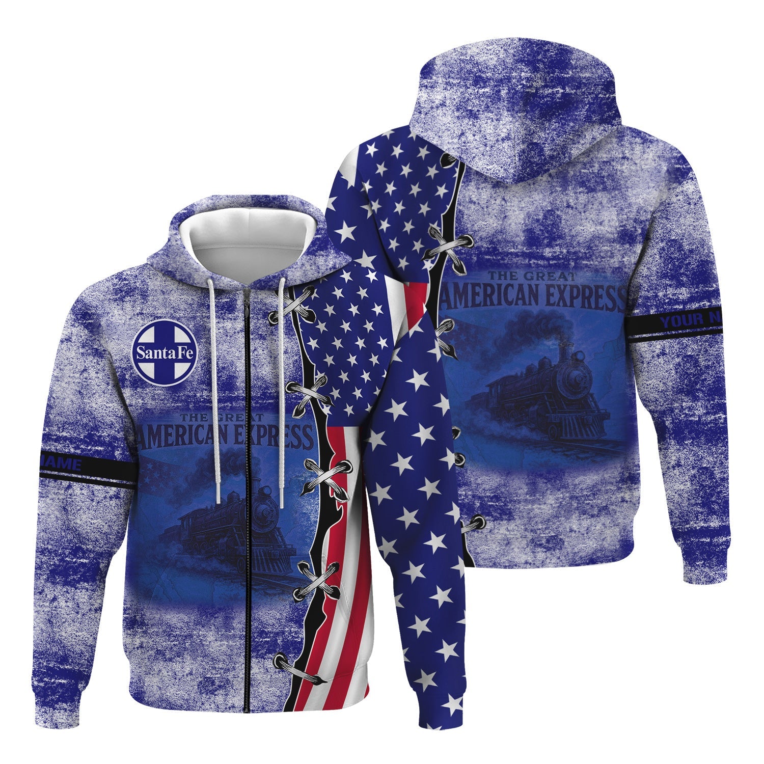 Railspirit Personalized Santa Fe Railway Hoodie Retro American Express Train With USA Flag Atchison, Topeka and Santa Fe Railway Zip Up Hoodie