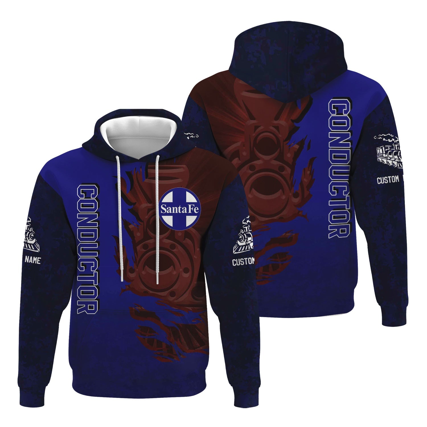 Railspirit Personalized Santa Fe ATSF Railway Hoodie Blazing Style with Custom Position Atchison, Topeka and Santa Fe Train Zip Up Hoodie