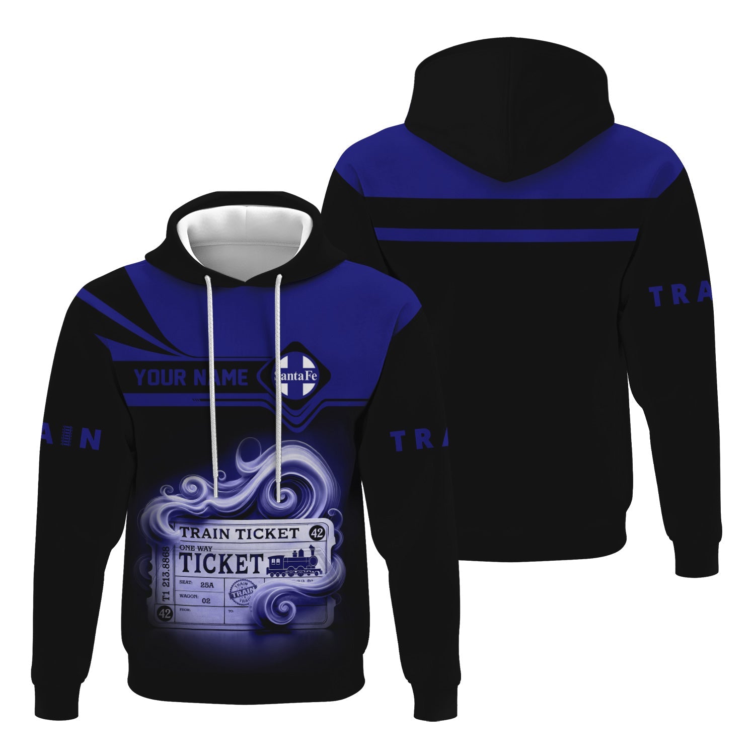 Railspirit Custom Name Santa Fe Railway Hoodie American Train Ticket Atchison, Topeka and Santa Fe Railway Printed Zip Hoodie