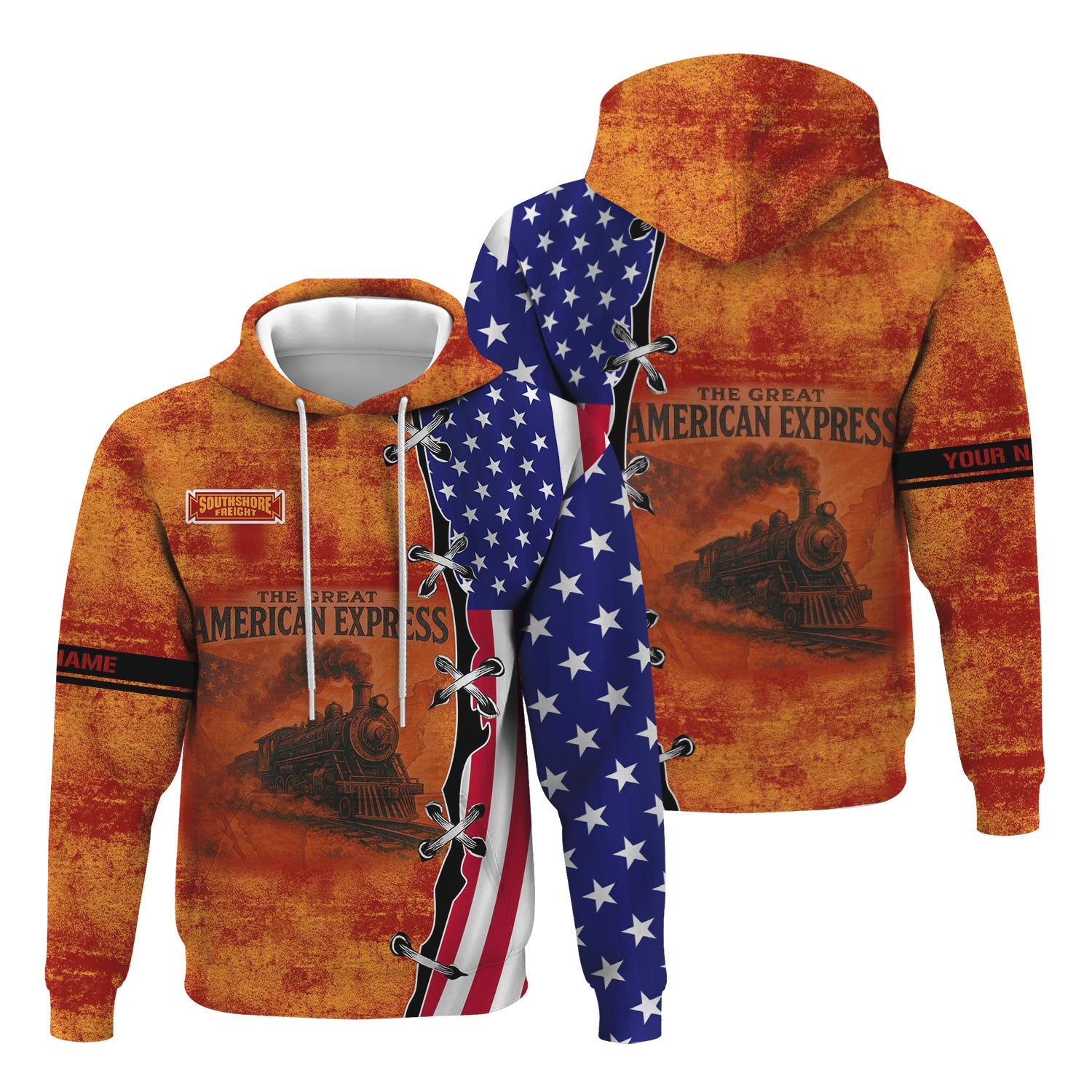 Railspirit Personalized Chicago South Shore and South Bend Railroad Hoodie Retro American Express Train With USA Flag Zip Up Hoodie