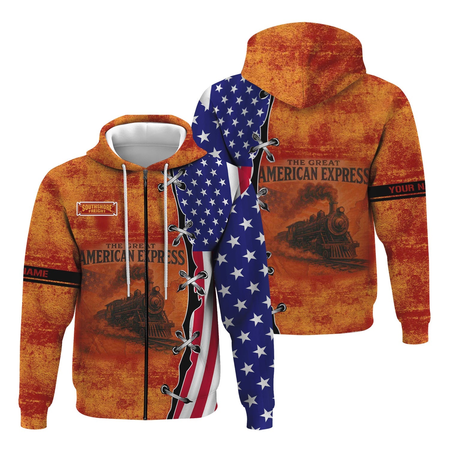 Railspirit Personalized Chicago South Shore and South Bend Railroad Hoodie Retro American Express Train With USA Flag Zip Up Hoodie