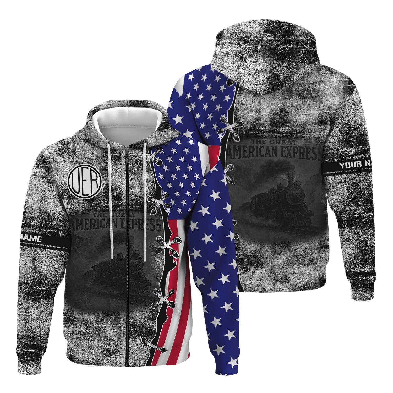 Railspirit Personalized Union Electric Railway Hoodie Retro American Express Train With USA Flag Zip Up Hoodie