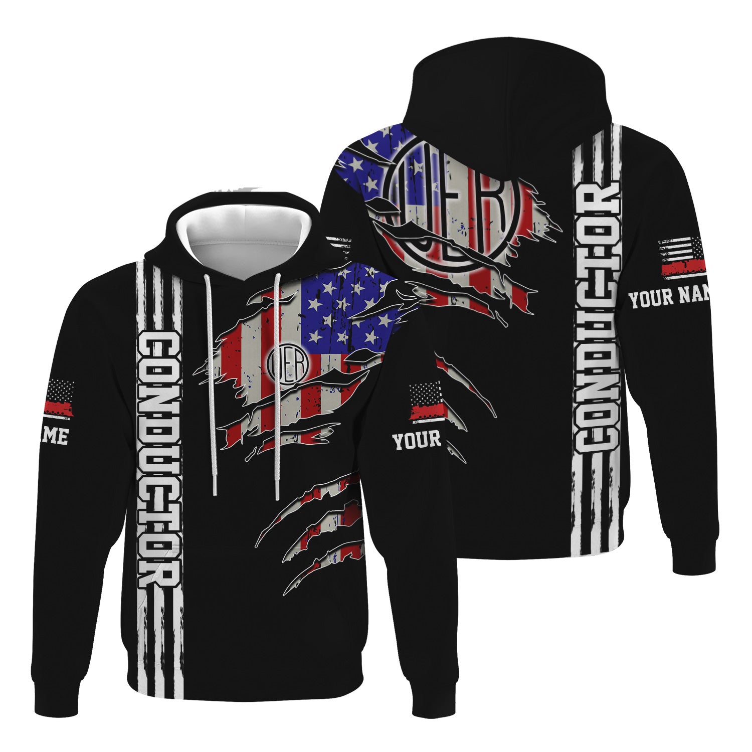 Railspirit Personalized Union Electric Railway Hoodie USA Flag Claw Art with Custom Job Train Zip Up Hoodie