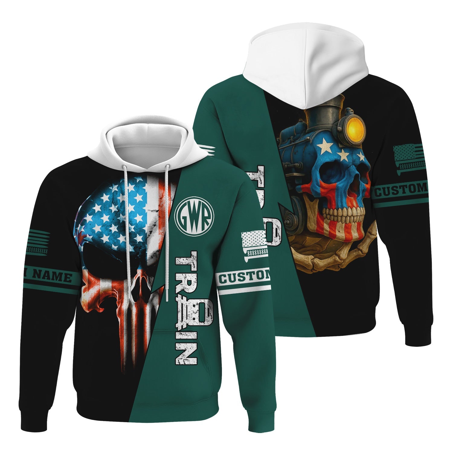 Railspirit Personalized Great Western Railway Hoodie Train Skull American Flag Zip Up Hoodie All Over Print
