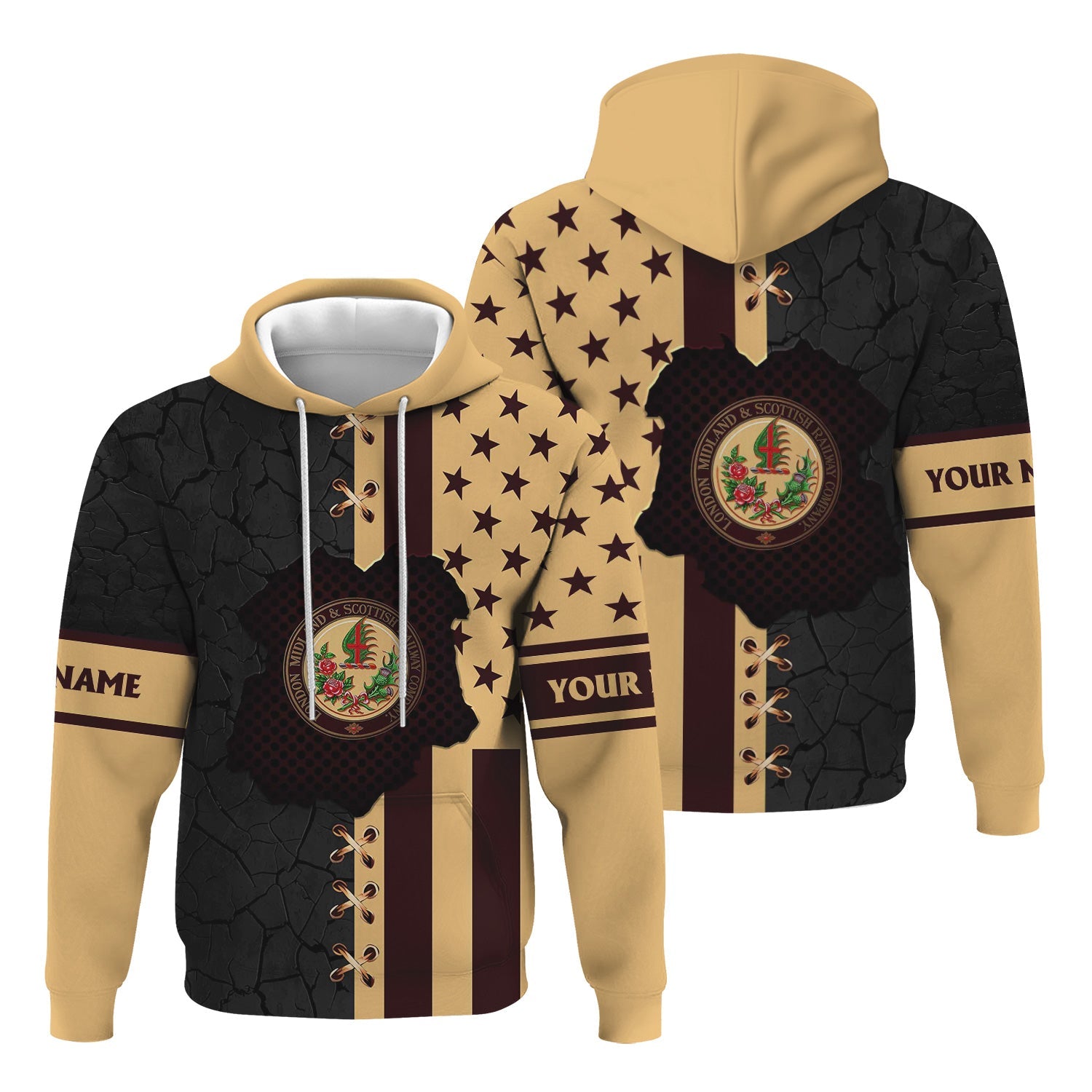 Railspirit Personalized London, Midland and Scottish Railway Hoodie American Flag with Crack Effect Train Zip Up Hoodie