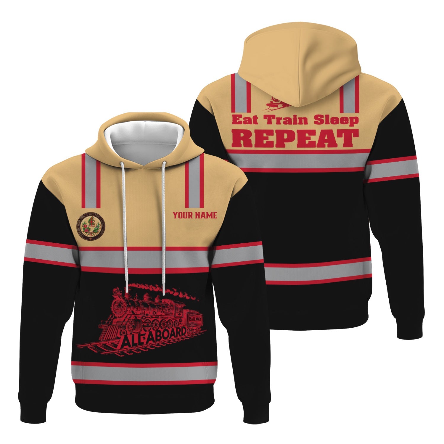 Railspirit Custom Name London, Midland and Scottish Railway Hoodie Eat Train Sleep Repeat Printed Train Zip Hoodie