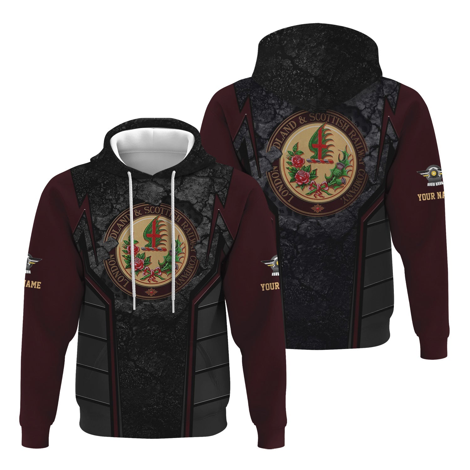 Railspirit Personalized London, Midland and Scottish Railway Hoodie Cracked Metal Design Train Zip Up Hoodie for Rail Enthusiasts