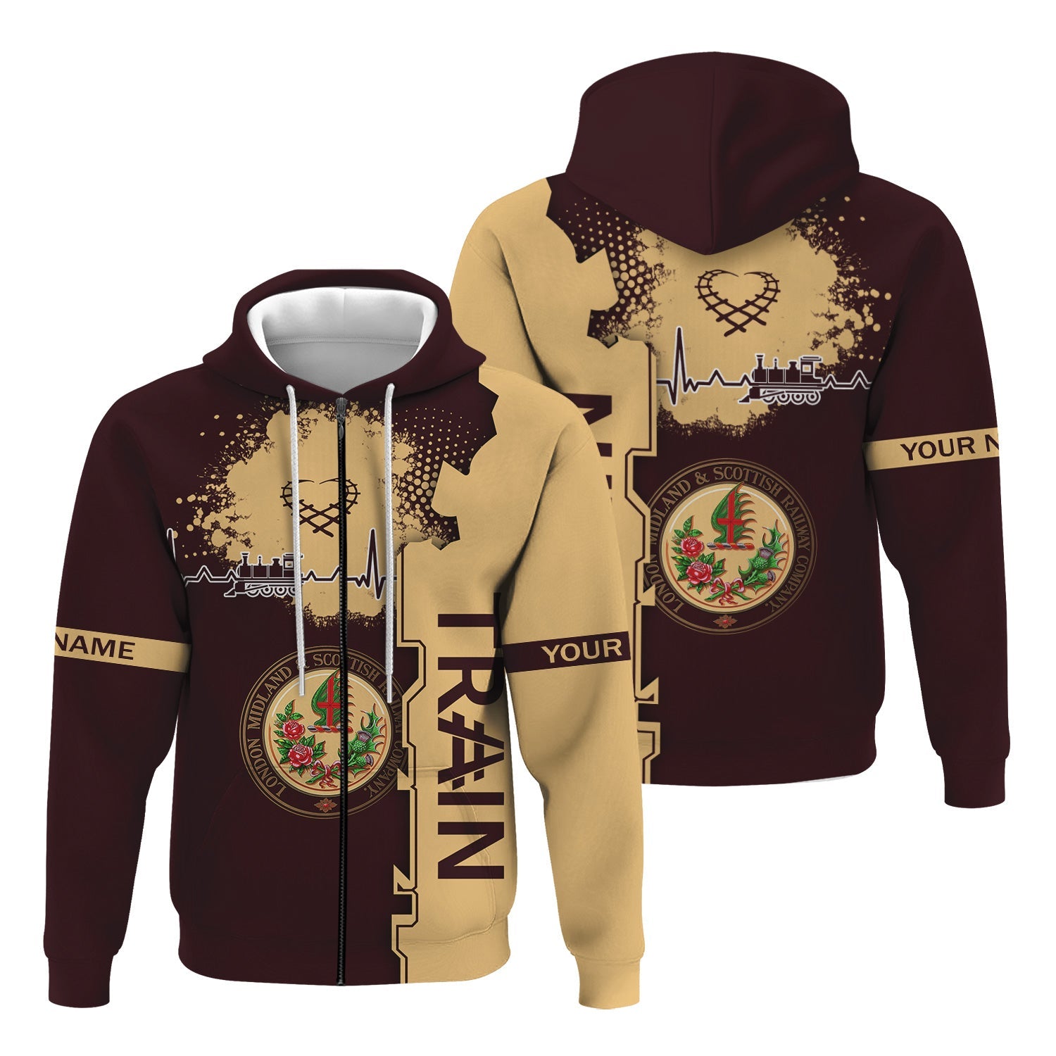 Railspirit Personalized London, Midland and Scottish Railway Hoodie Engine Heartbeat and Track Love Style Zip Up Hoodie Gift Idea For Train Lovers