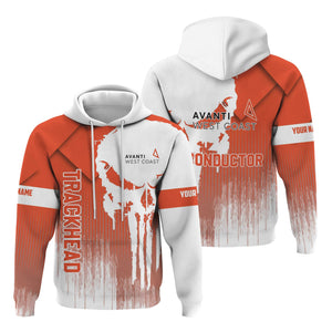 Railspirit Personalized Avanti West Coast Hoodie Skull Design with Custom Job Train Zip Up Hoodie for Trackhead Crew