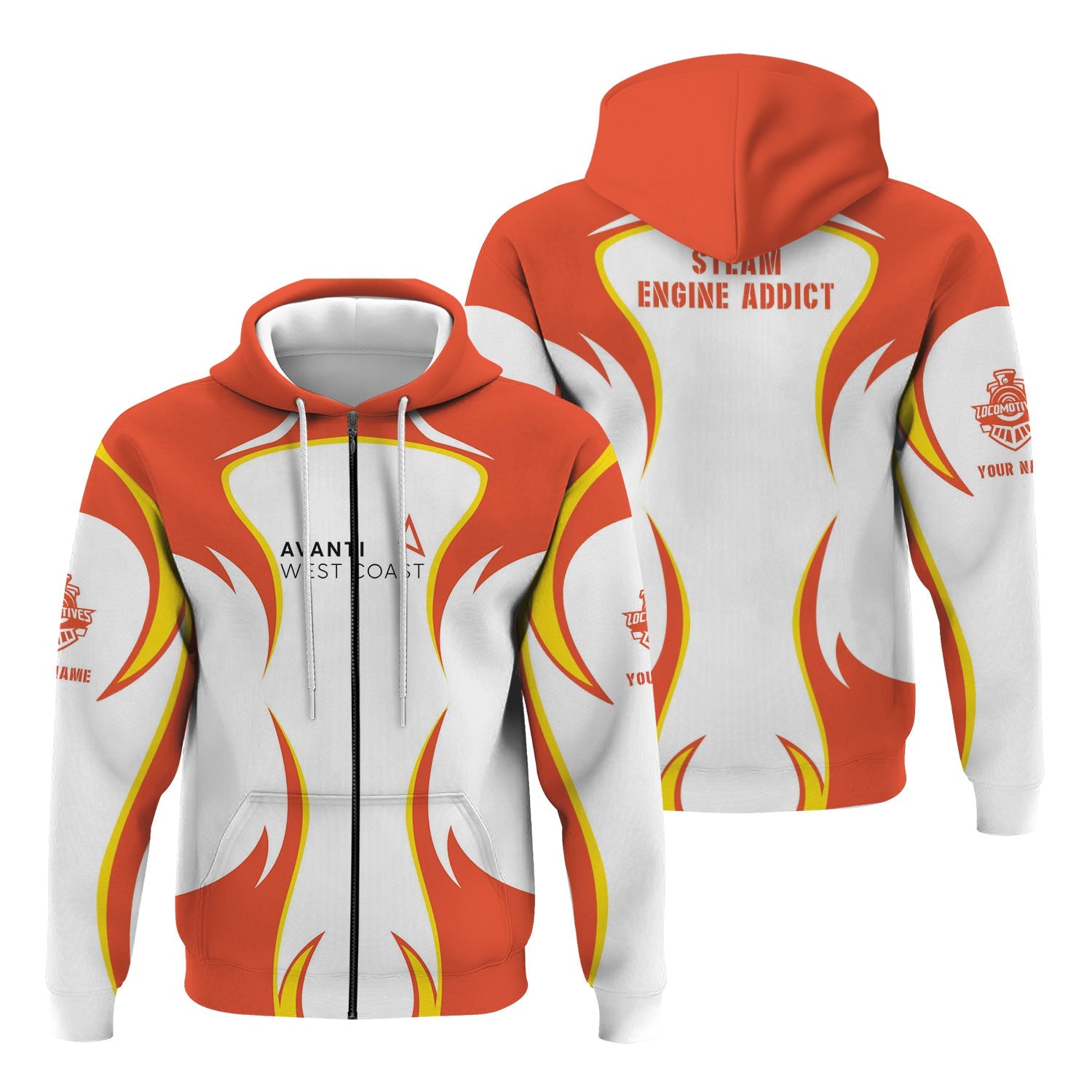 Railspirit Personalized Avanti West Coast Hoodie Distinctive Flame Style Zip Up Hoodie For Steam Engine Addict