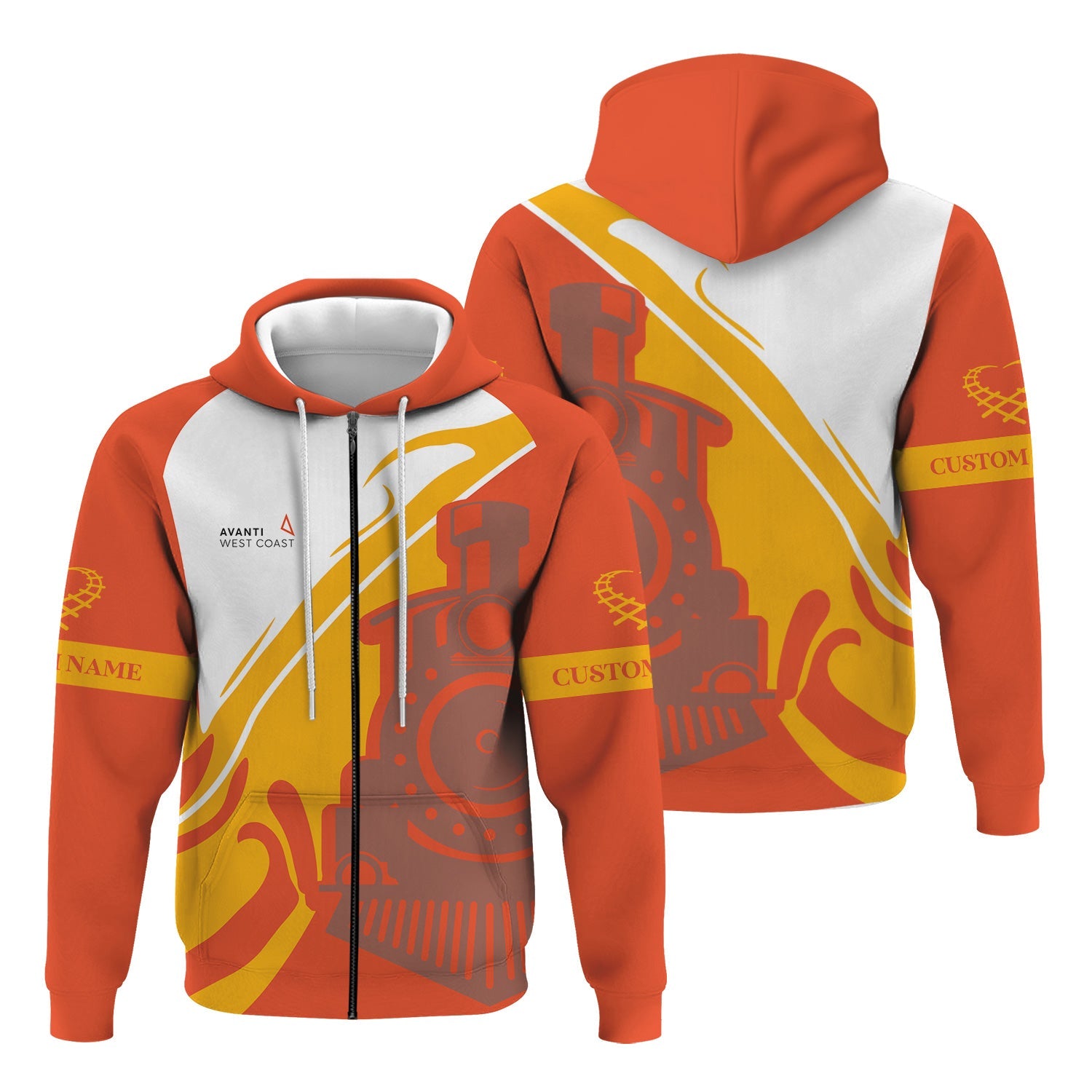 Railspirit Personalized Avanti West Coast Hoodie Flame-Inspired Style Zip Up Hoodie Gift Idea For Train Lovers