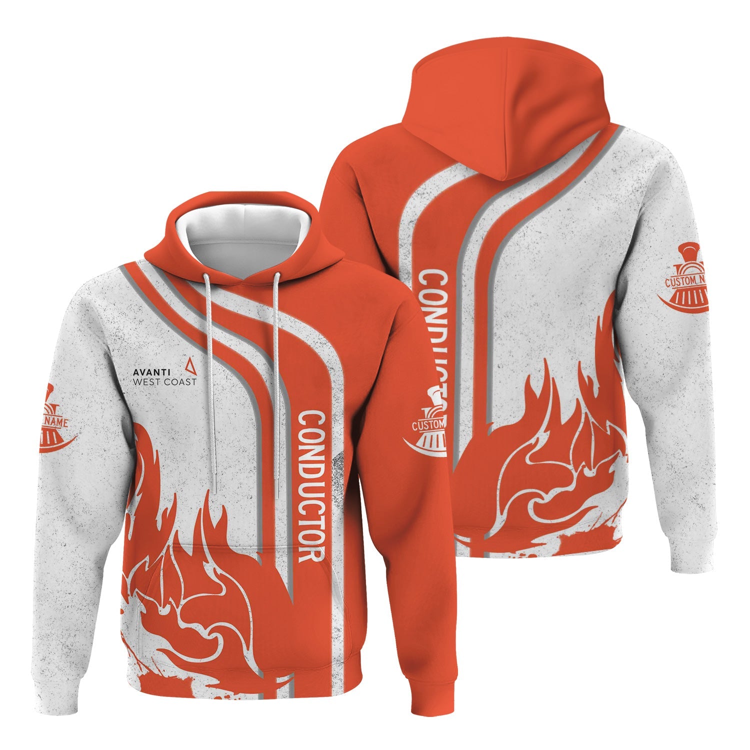 Railspirit Personalized Avanti West Coast Hoodie Flame Design with Custom Job Position Train Zip Up Hoodie