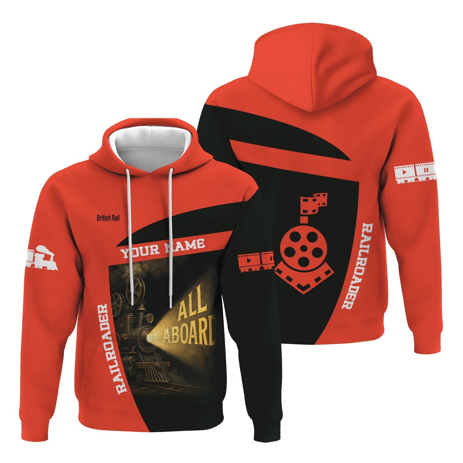 Railspirit Personalized British Railway Hoodie All Aboard Steam Train Movie Projector Style Zip Up Hoodie