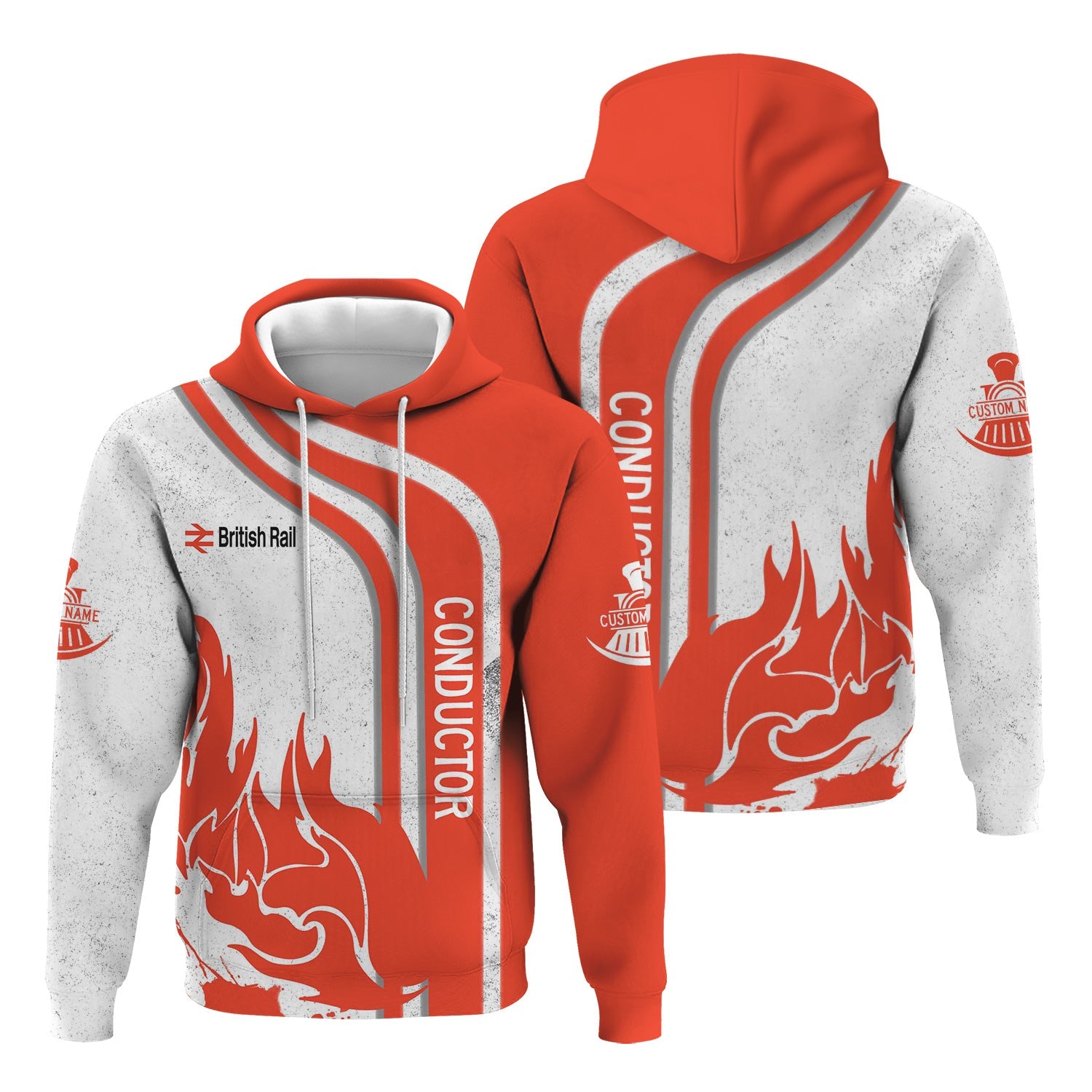 Railspirit Personalized British Railway Hoodie Flame Design with Custom Job Position Train Zip Up Hoodie