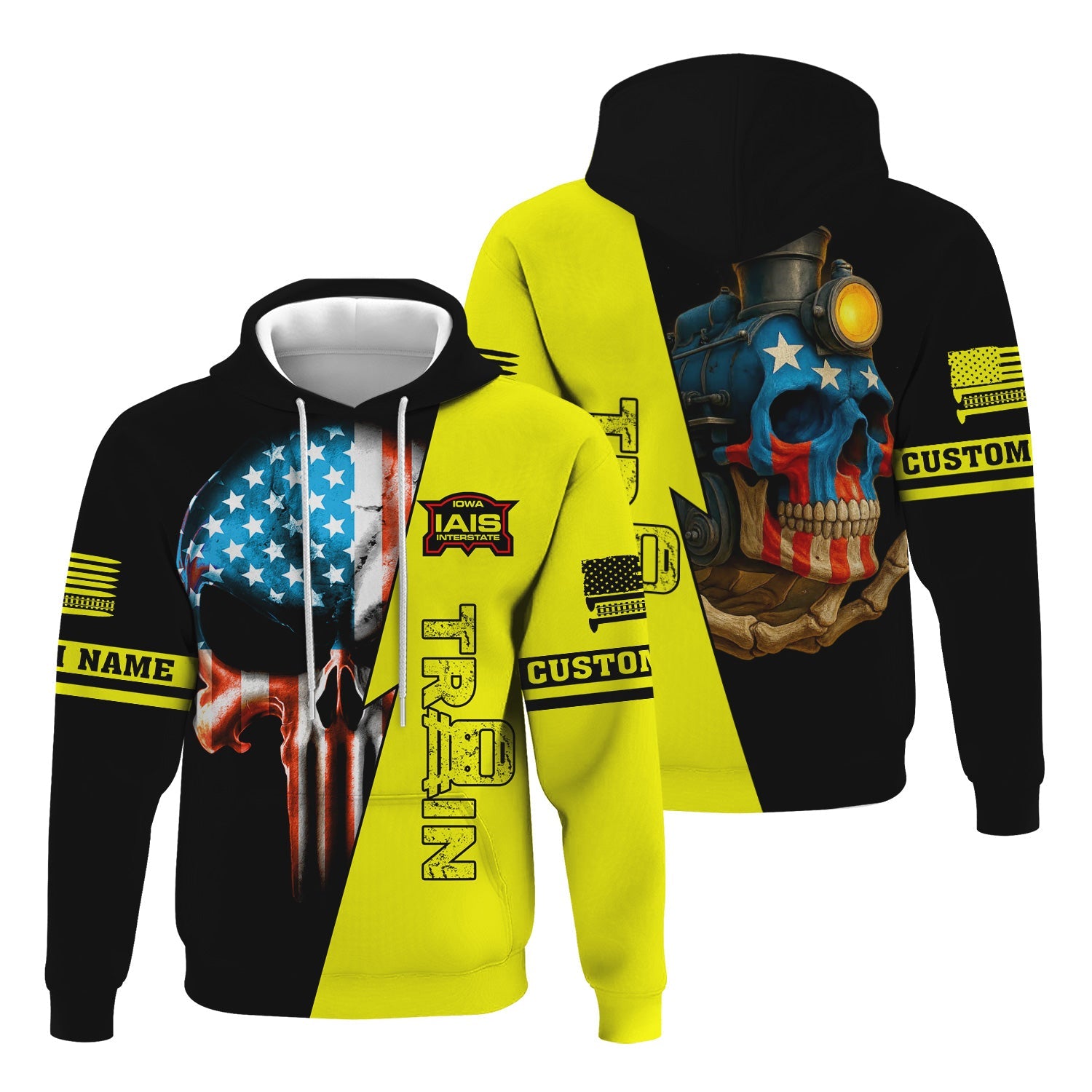 Railspirit Personalized Iowa Interstate Railroad Hoodie Train Skull American Flag IAIS Zip Up Hoodie All Over Print