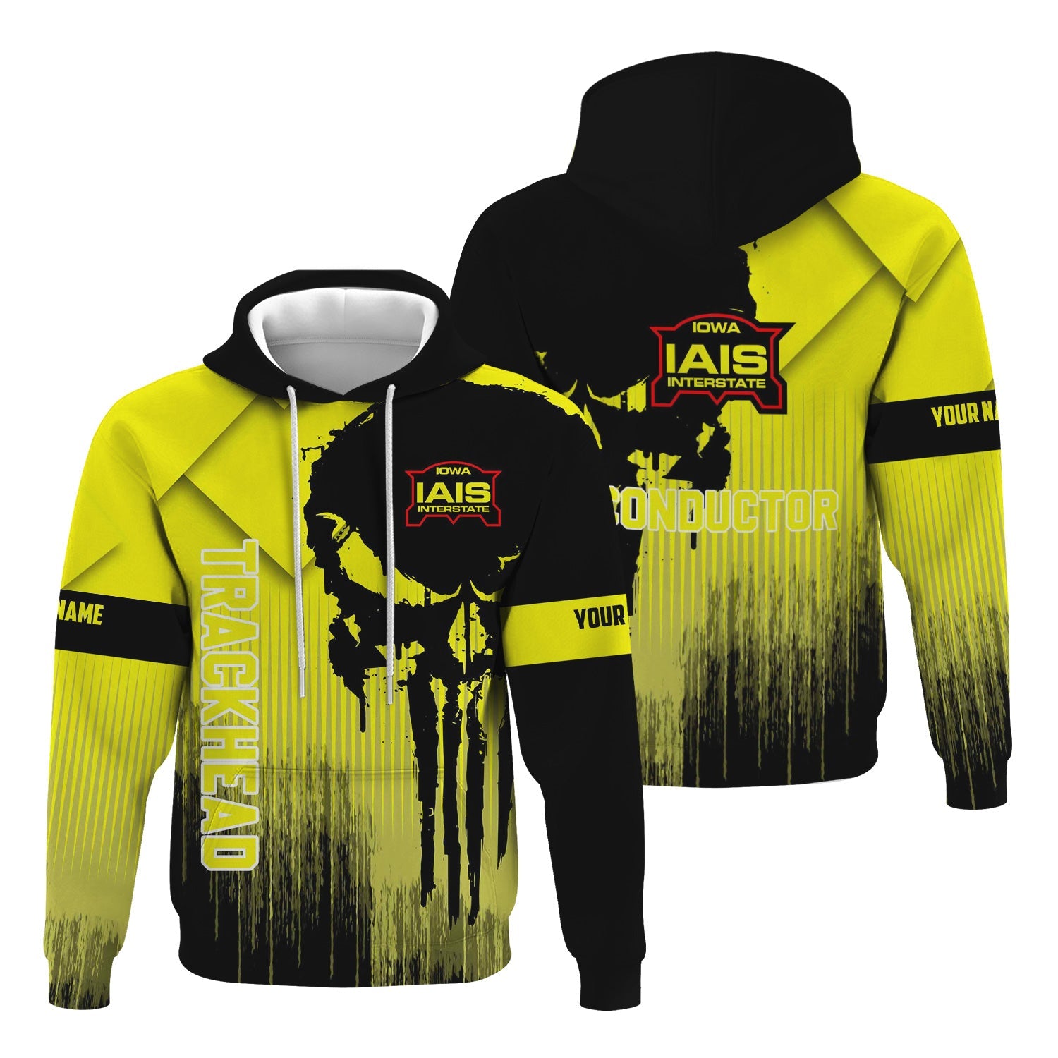 Railspirit Personalized Iowa Interstate Railroad Hoodie Skull Design with Custom Job IAIS Train Zip Up Hoodie for Trackhead Crew