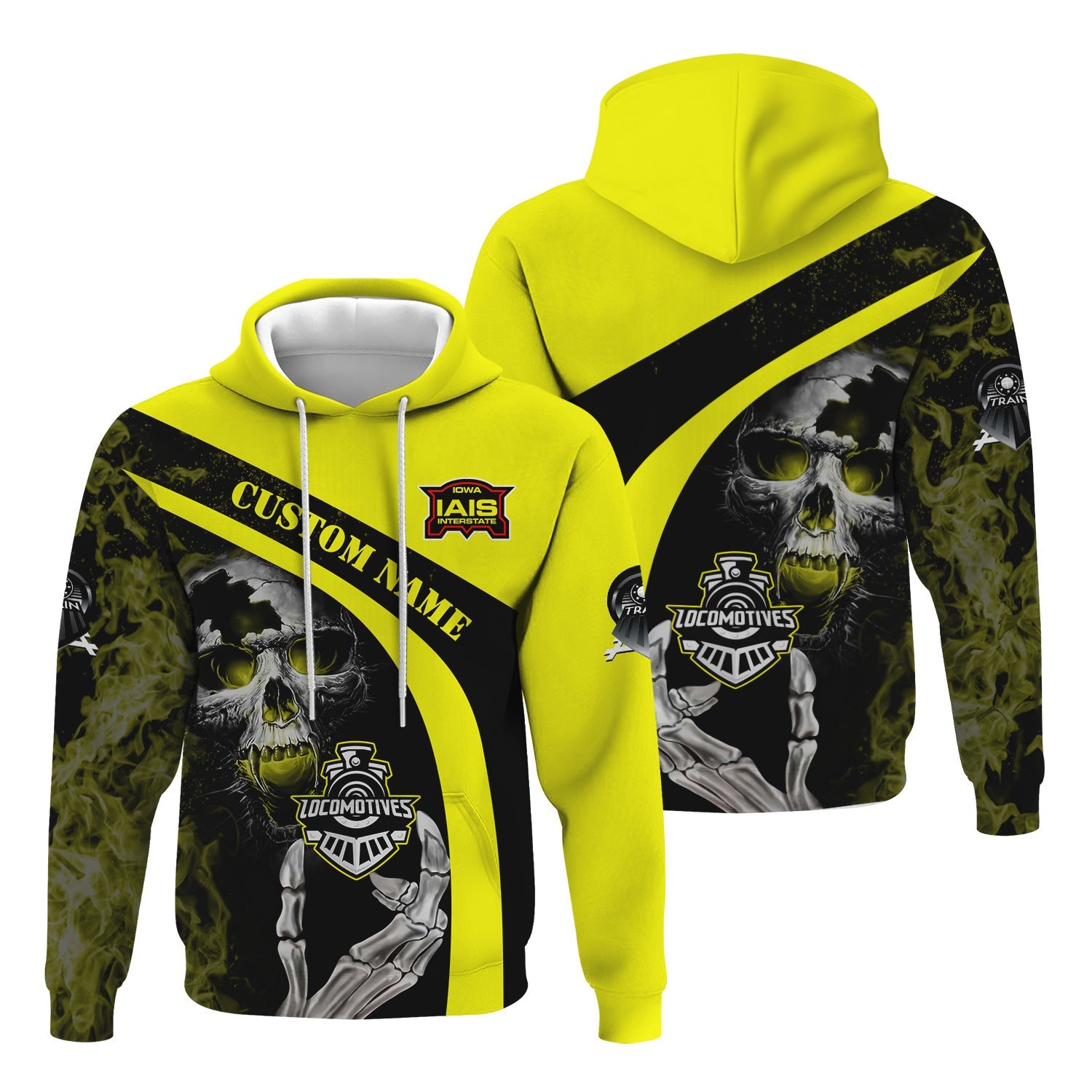 Railspirit Personalized Iowa Interstate Railroad Hoodie Flame Skull Design IAIS Train Zip Up Hoodie for Locomotive Fans