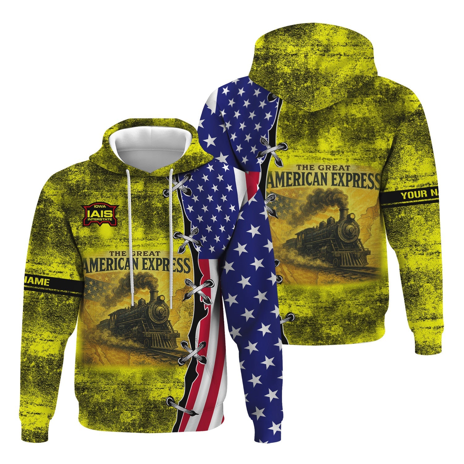 Railspirit Personalized Iowa Interstate Railroad Hoodie Retro American Express Train With USA Flag IAIS Zip Up Hoodie