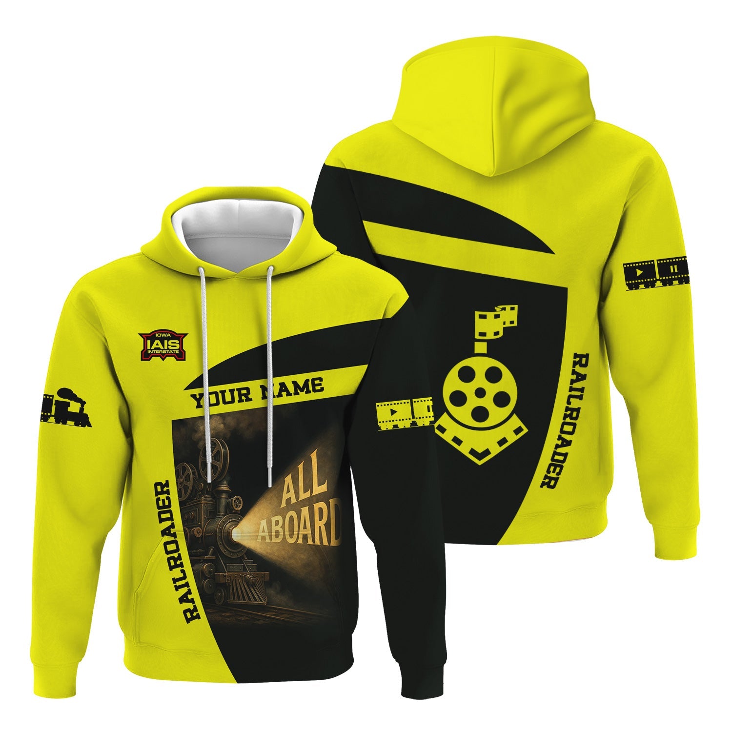 Railspirit Personalized Iowa Interstate Railroad Hoodie All Aboard Steam Train Movie Projector Style IAIS Zip Up Hoodie