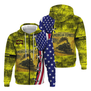 Railspirit Personalized Iowa Interstate Railroad Hoodie Retro American Express Train With USA Flag IAIS Zip Up Hoodie