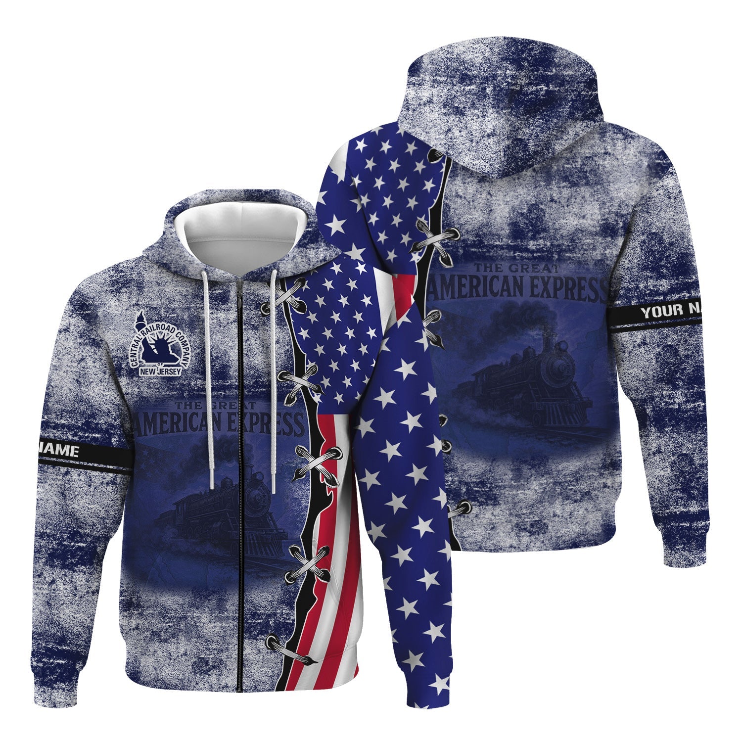 Railspirit Personalized Jersey Central Railroad Hoodie Retro American Express Train With USA Flag CNJ Zip Up Hoodie