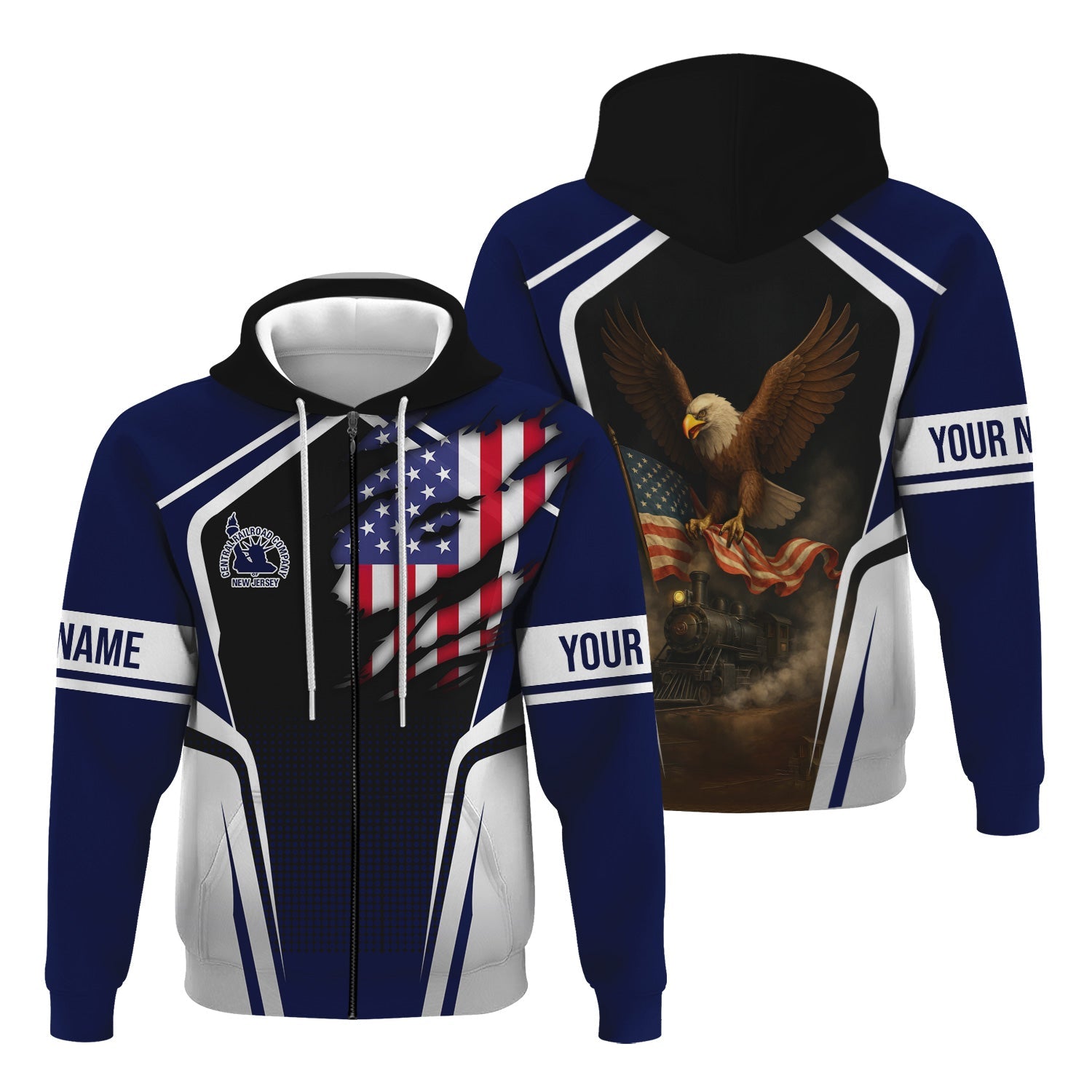 Railspirit Personalized CNJ Jersey Central Railroad Hoodie American Eagle Vintage Train Zip Up Hoodie