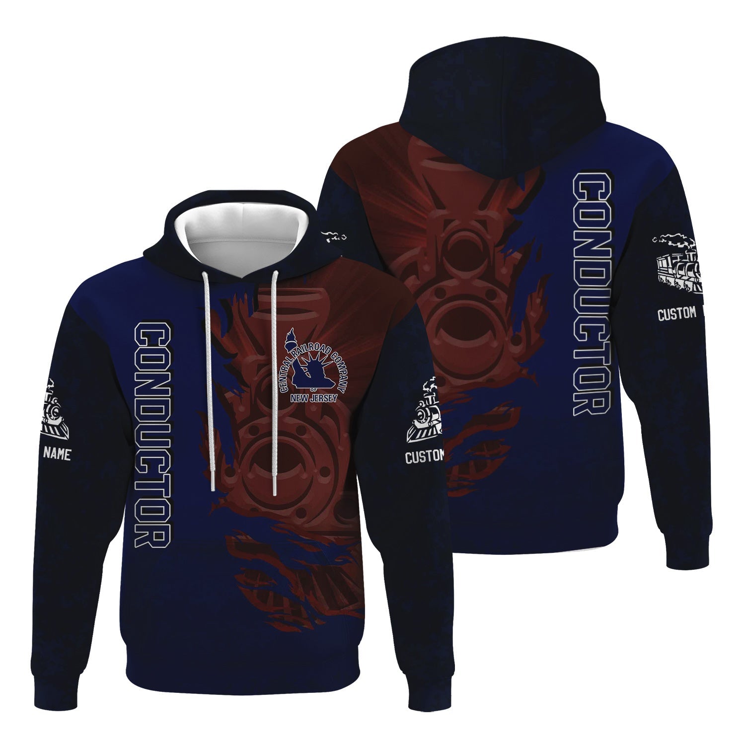 Railspirit Personalized Jersey Central Railroad Hoodie Blazing Style with Custom Position CNJ Train Zip Up Hoodie